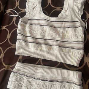 White and Gray Knit Crop Top and Skirt Set